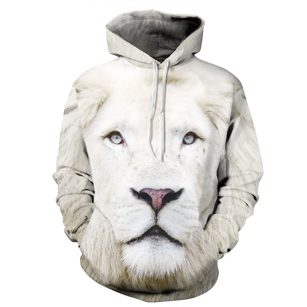 3D Lion Print Drawstring Pocket Casual Hoodie