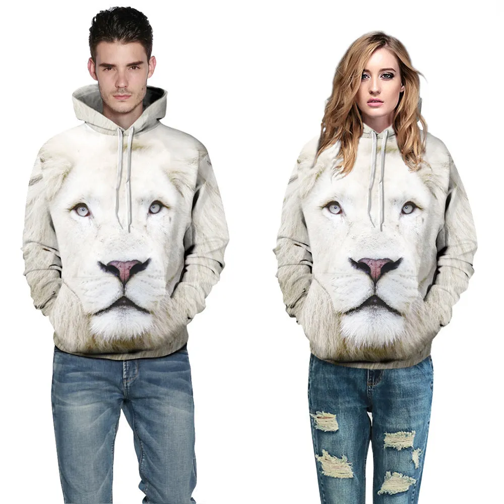 3D Lion Print Drawstring Pocket Casual Hoodie