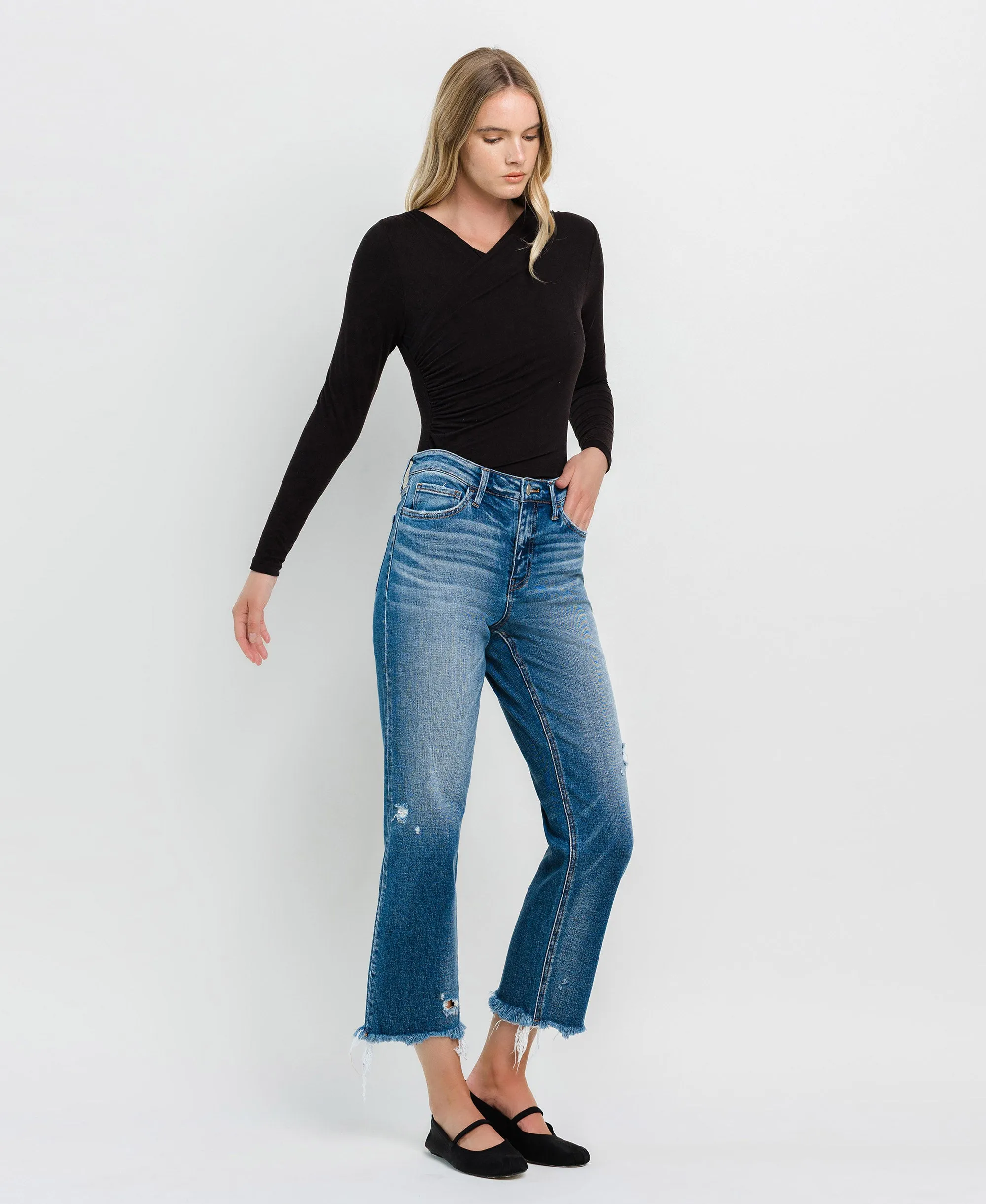 Admire - High Rise Frayed Hem Crop Straight Jeans