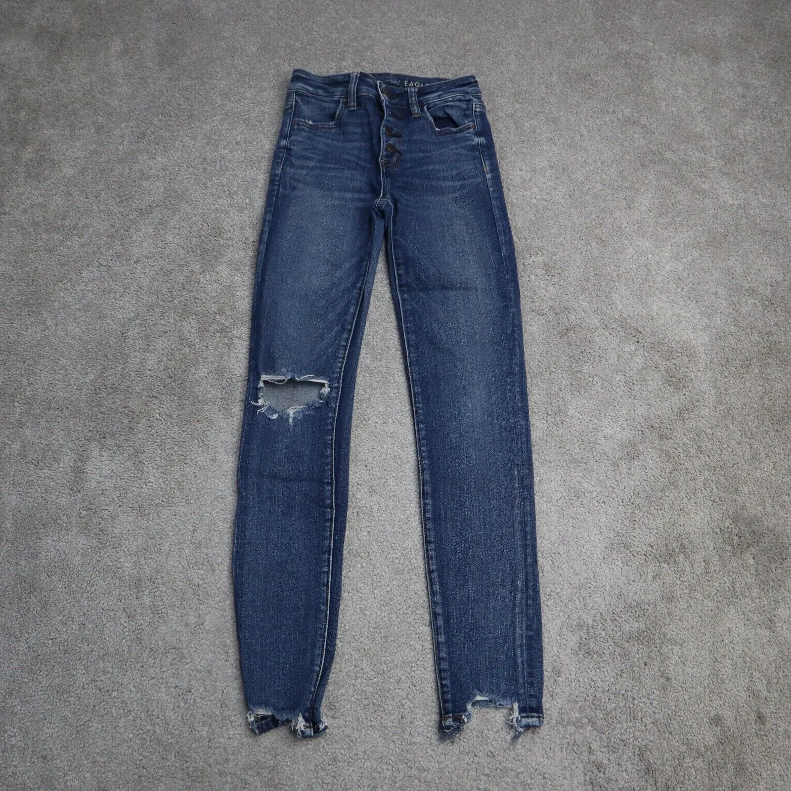 American Eagle Women Skinny Leg Jeans Denim Distressed Stretch Raw Hem Blue SZ 0