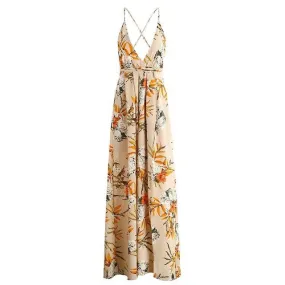 Backless Boho Floral Print Long Chiffon Sexy Dress