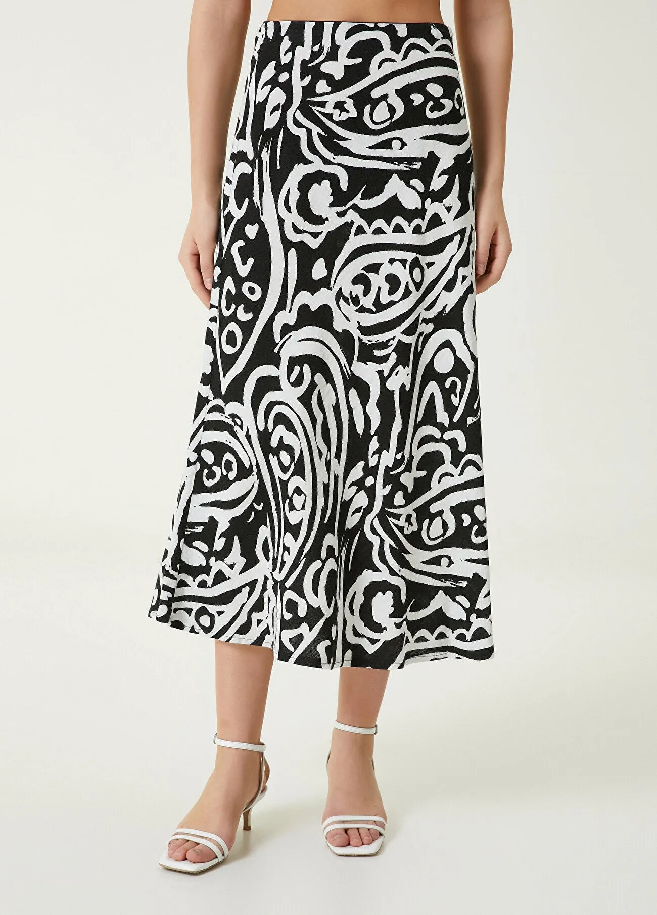 Beymen Club Paisley Patterned Long Linen Skirt Black/White