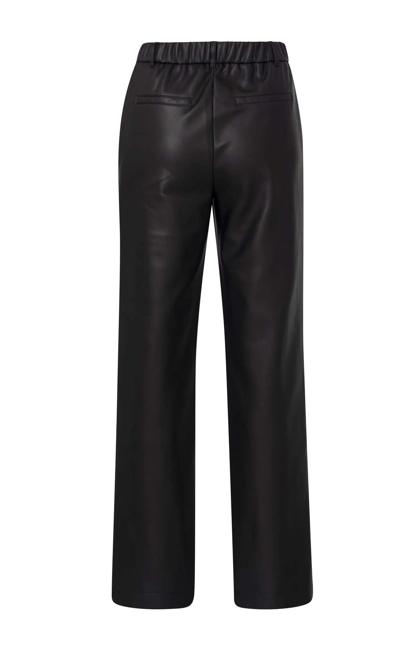 Black faux leather trousers with wide legs