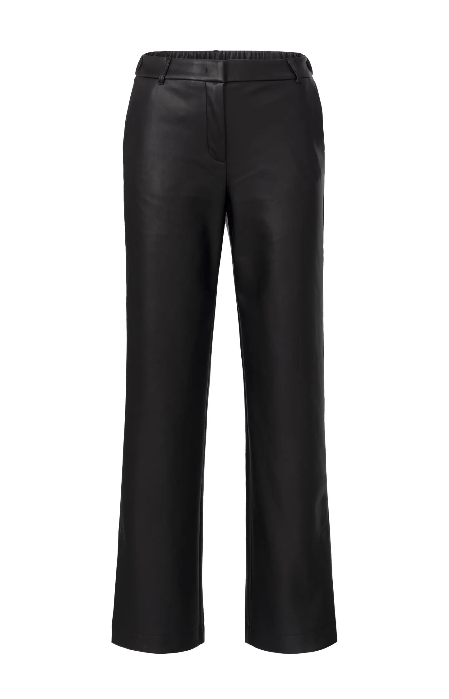 Black faux leather trousers with wide legs