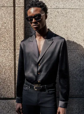 Black Single Breasted Gold Button Satin Shirt