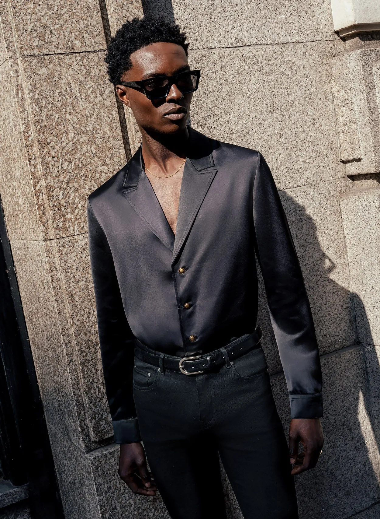 Black Single Breasted Gold Button Satin Shirt