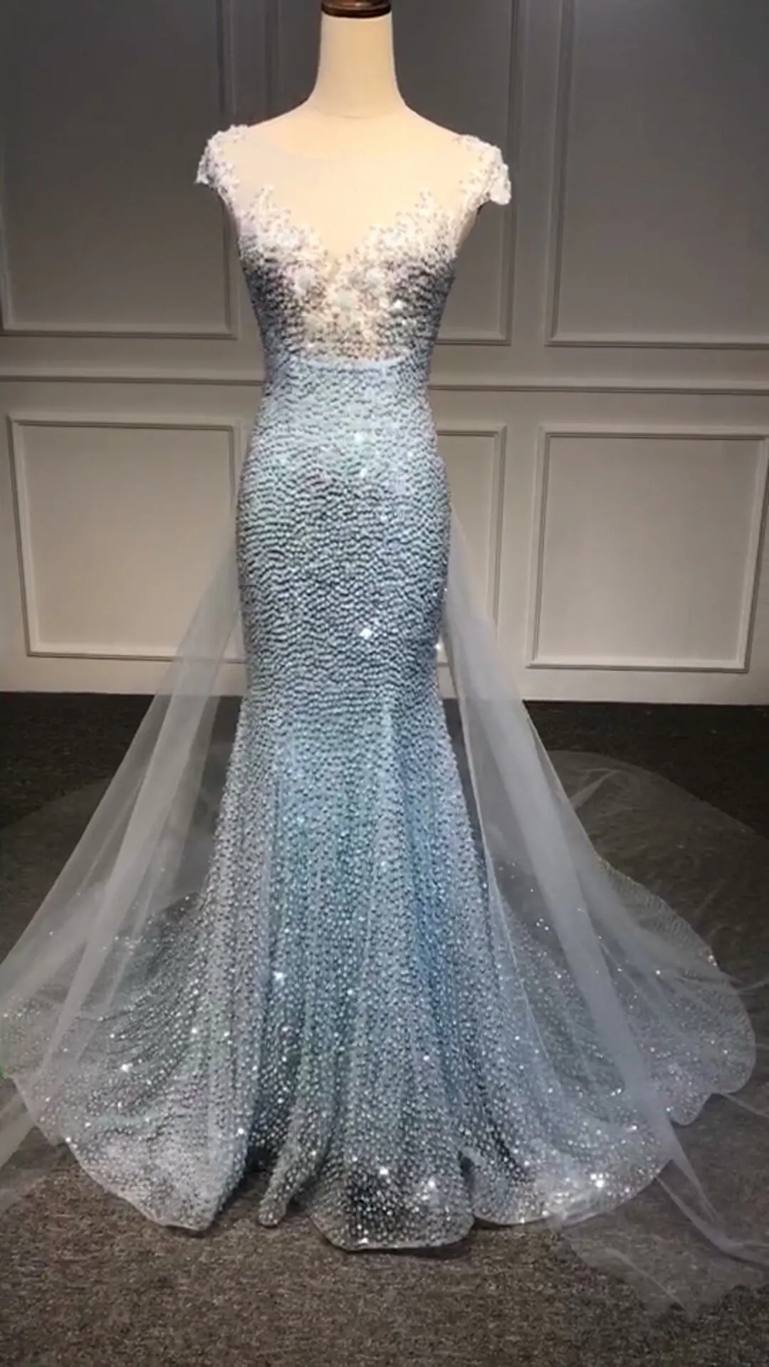 Blue sequins beaded couture mermaid fit and flare cape prom dress 2020