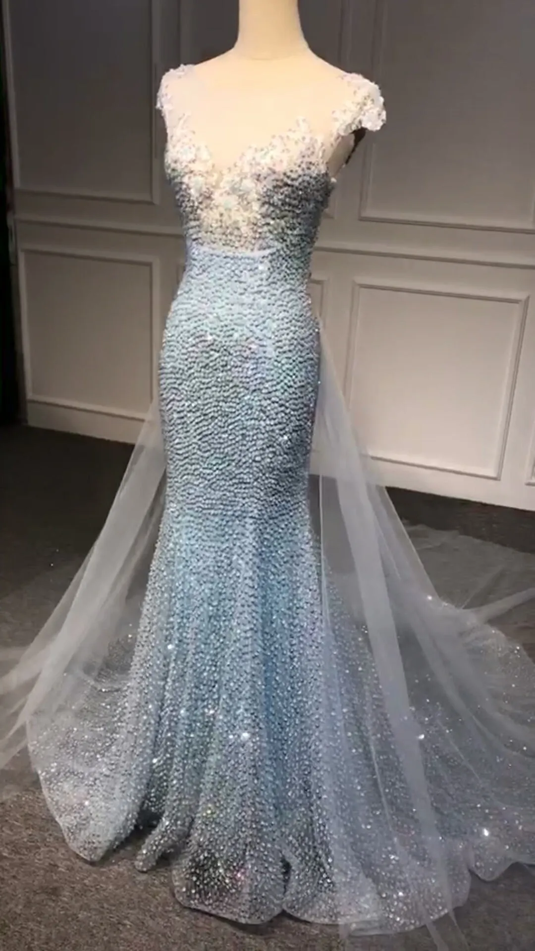 Blue sequins beaded couture mermaid fit and flare cape prom dress 2020