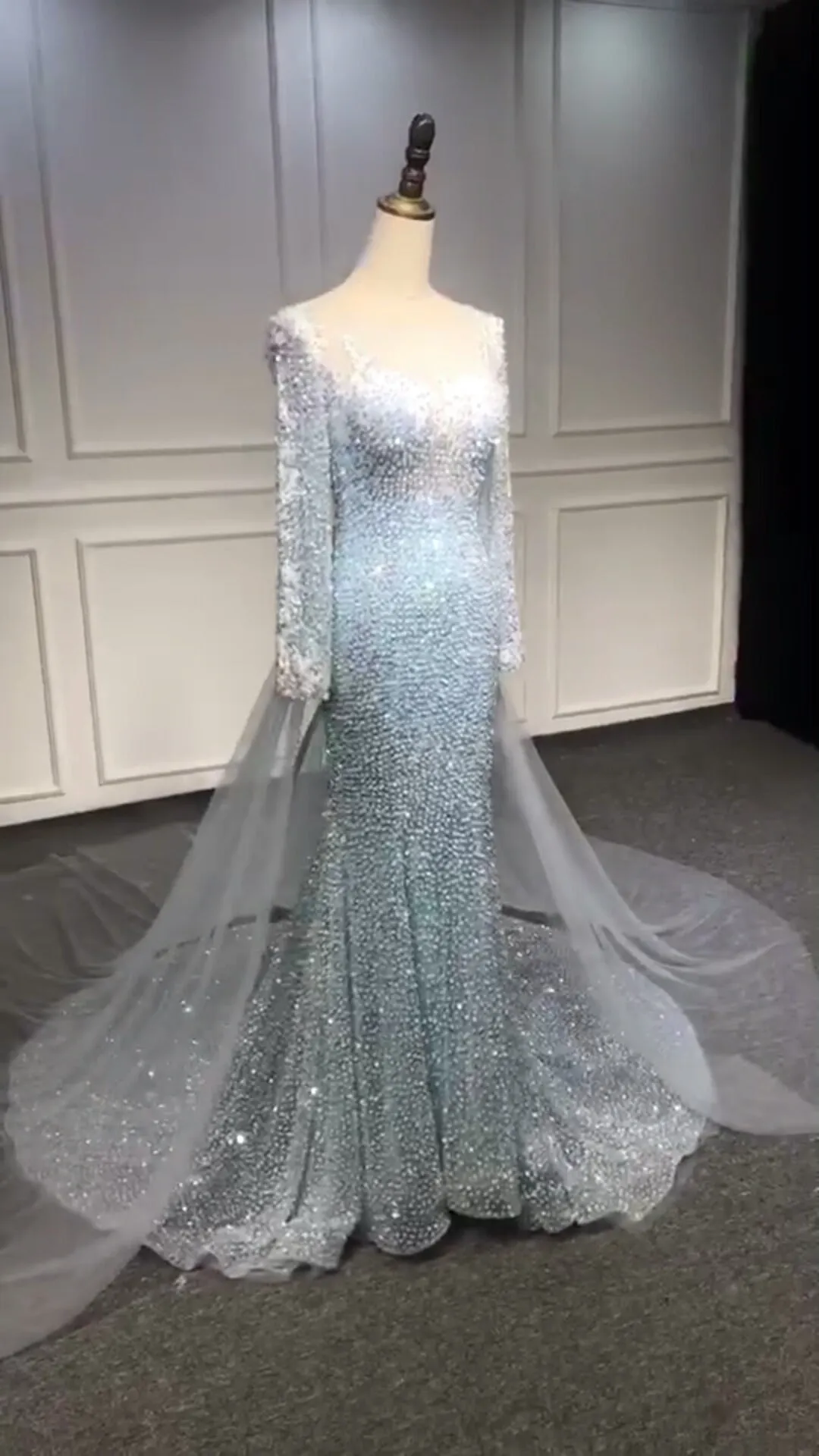 Blue sequins beaded couture mermaid fit and flare cape prom dress 2020