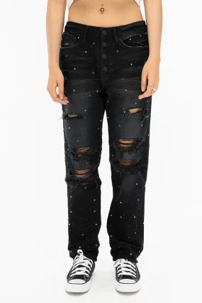 BOYFRIEND JEANS IN F_ED UP BLACK WITH BLACK AND SILVER STUDS