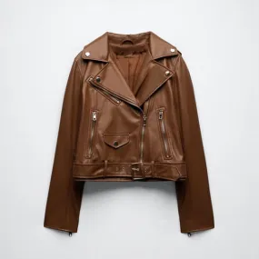 Brown Women's Motorcycle Sheepskin Leather Biker Jacket