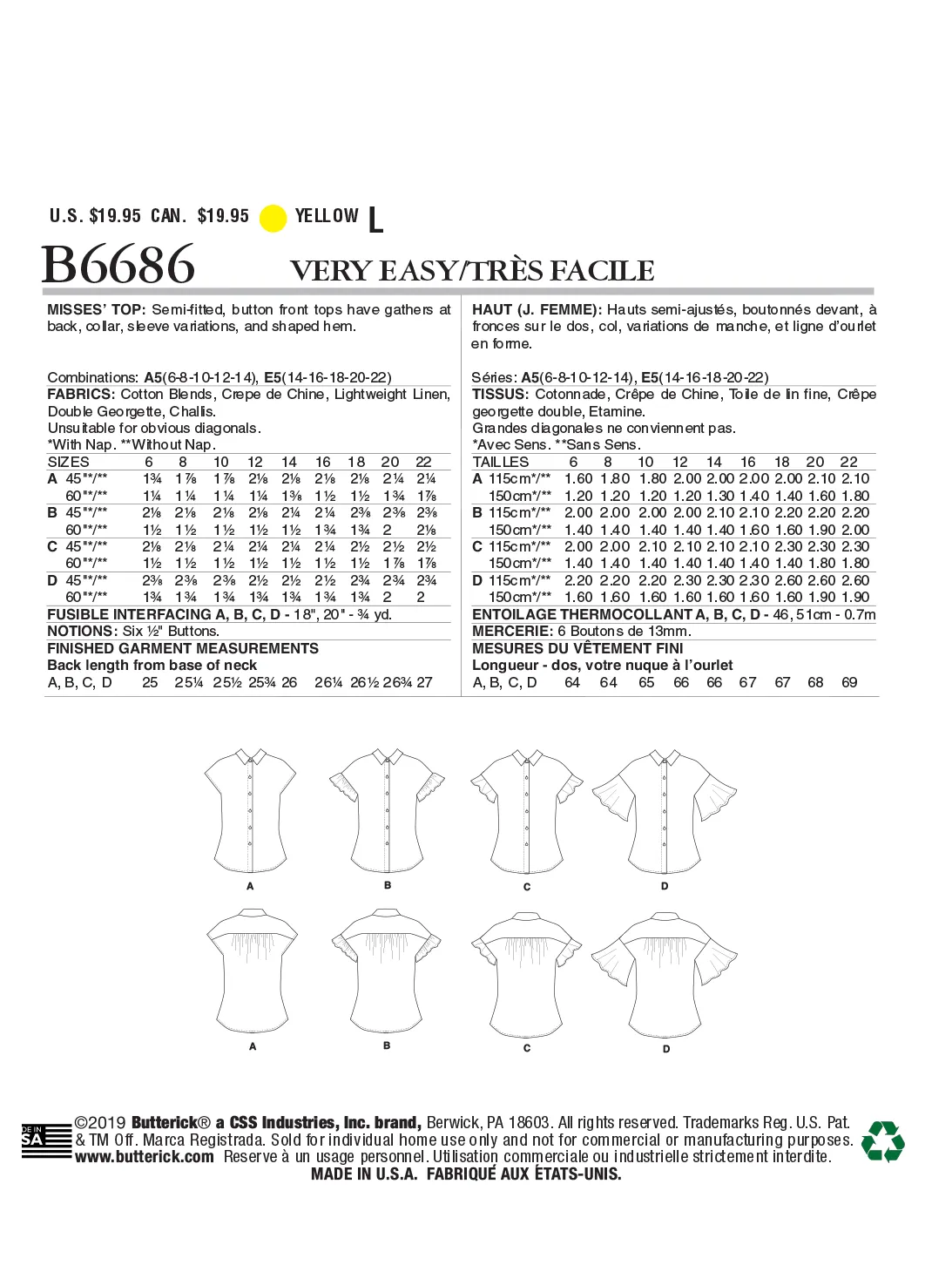 Butterick Pattern B6686 Misses' Top / Vest