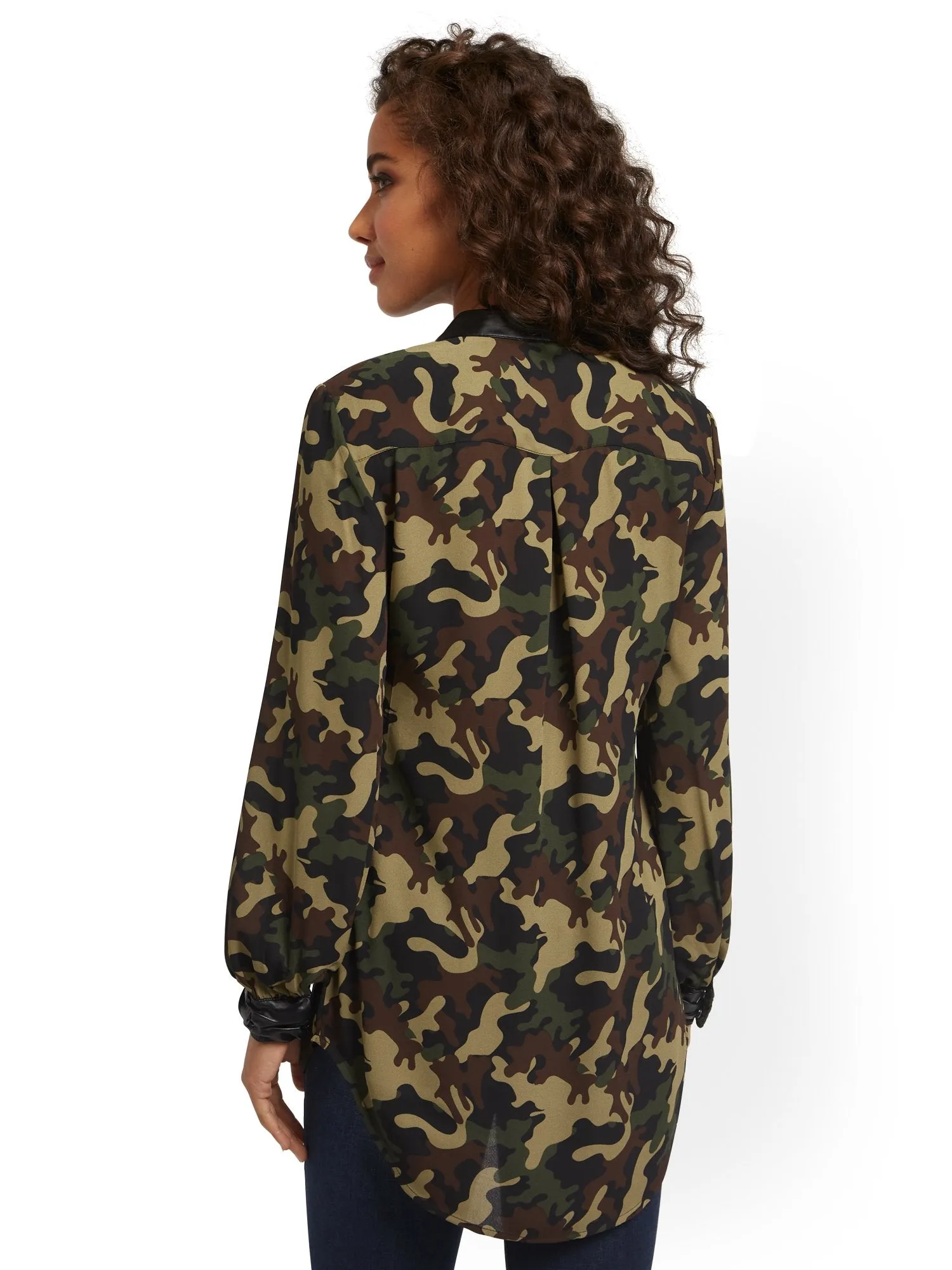 Camo-Print Faux-Leather Trim Tunic Top