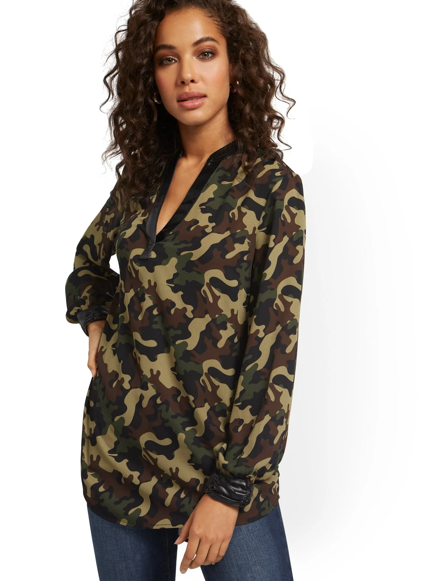 Camo-Print Faux-Leather Trim Tunic Top