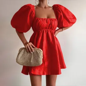 Candy Square Neck Dress with Puffy Sleeves Mini Dress