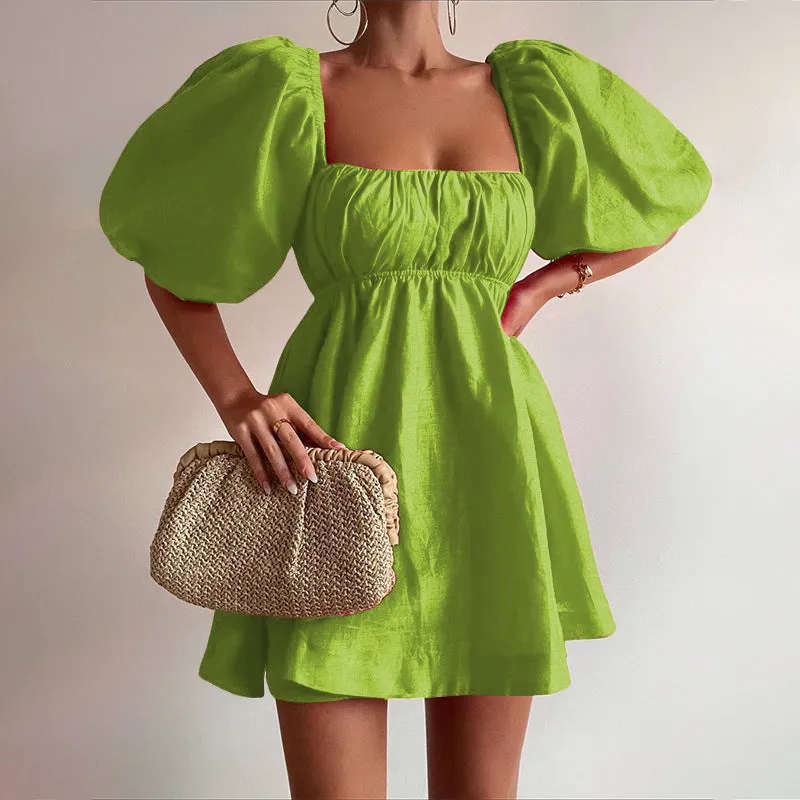 Candy Square Neck Dress with Puffy Sleeves Mini Dress