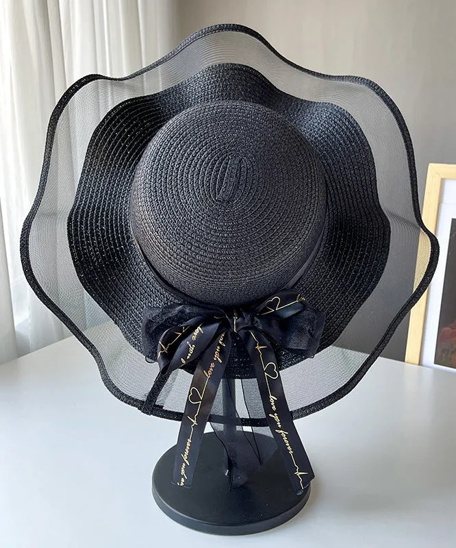 Chic White Tulle Patchwork Bow Straw Woven Floppy Sun Hat LY547