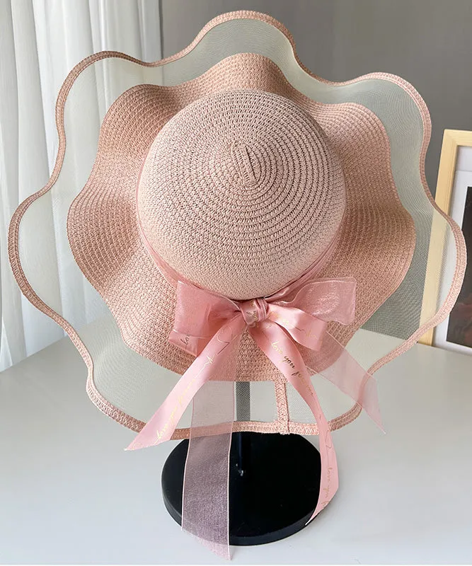 Chic White Tulle Patchwork Bow Straw Woven Floppy Sun Hat LY547