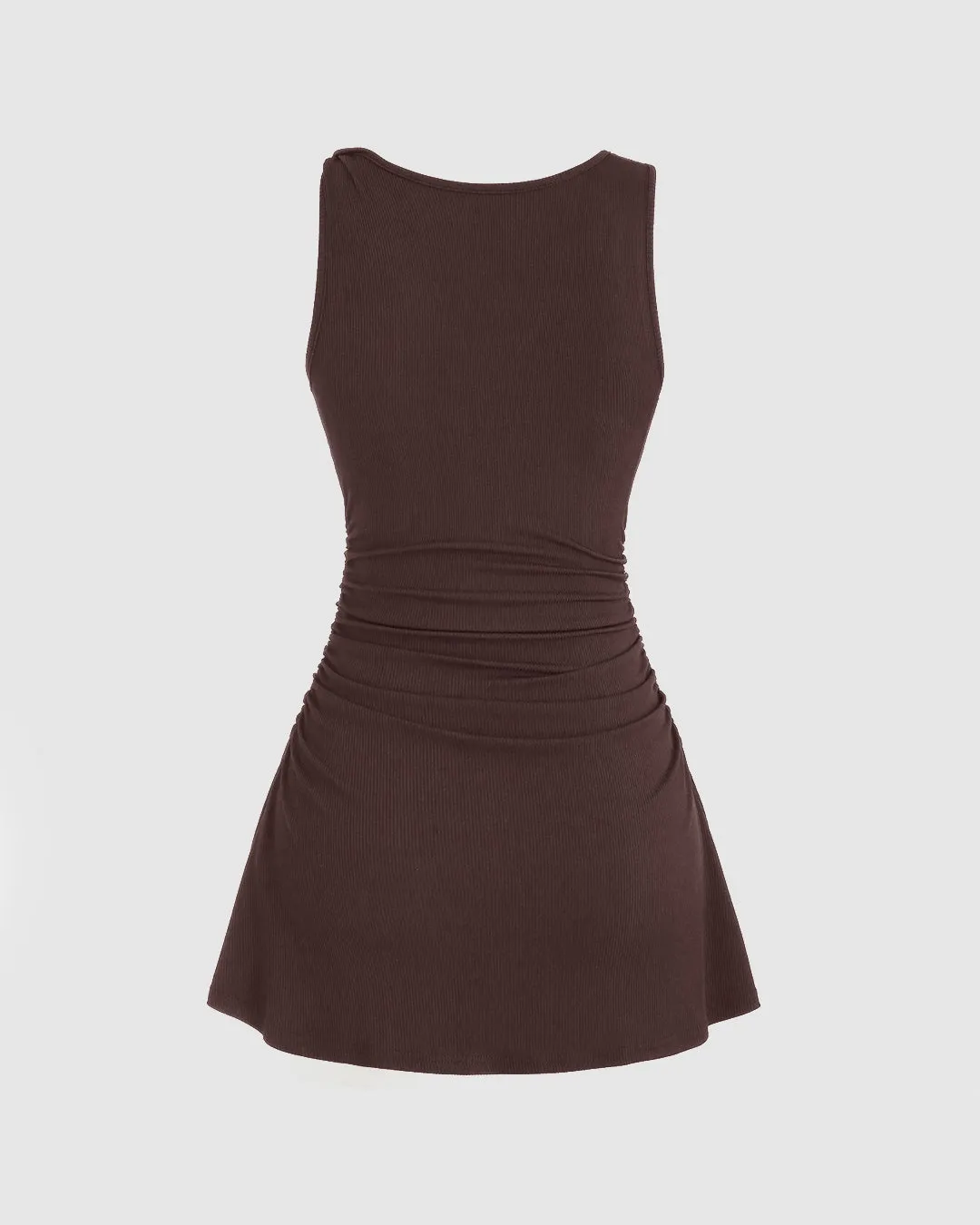 Crew Neck Ruched Waist Sleeveless Chocolate Brown Midi Dress