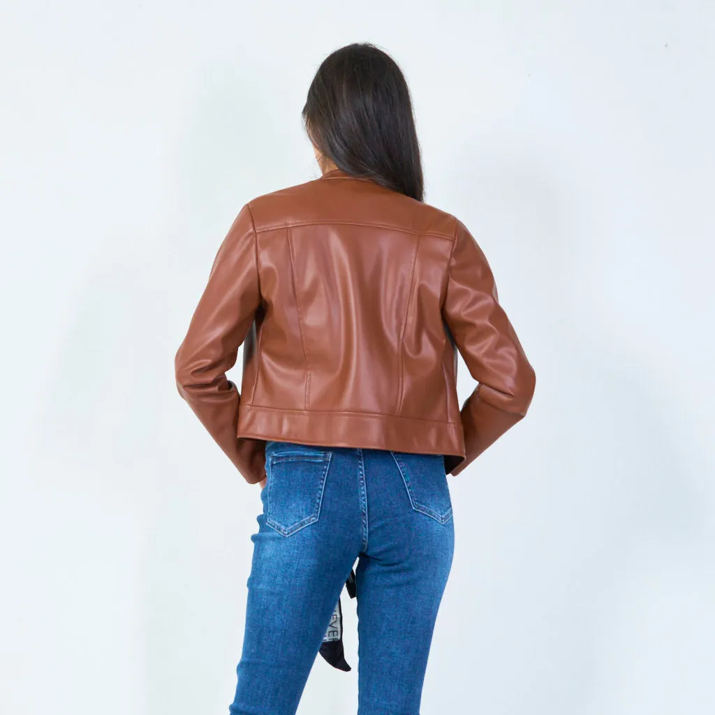 Cropped faux leather jacket with zip closure wholesale