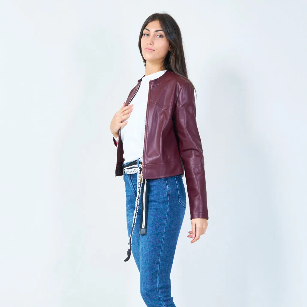 Cropped faux leather jacket with zip closure wholesale