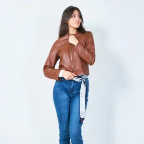 Cropped faux leather jacket with zip closure wholesale