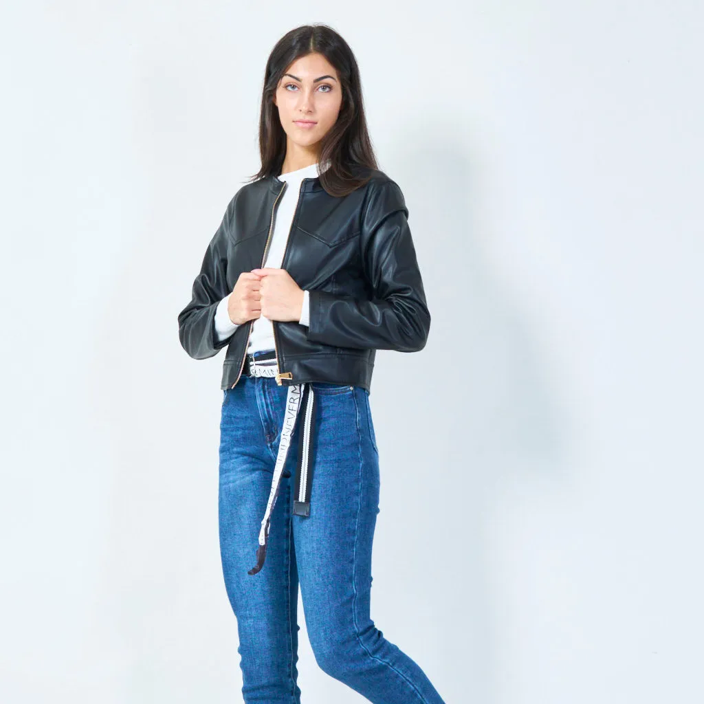 Cropped faux leather jacket with zip closure wholesale