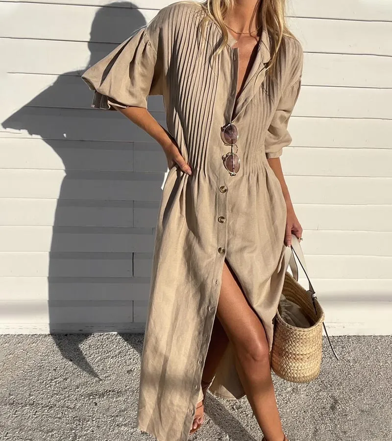 Debbie Pleated  Stylish Linen Dress