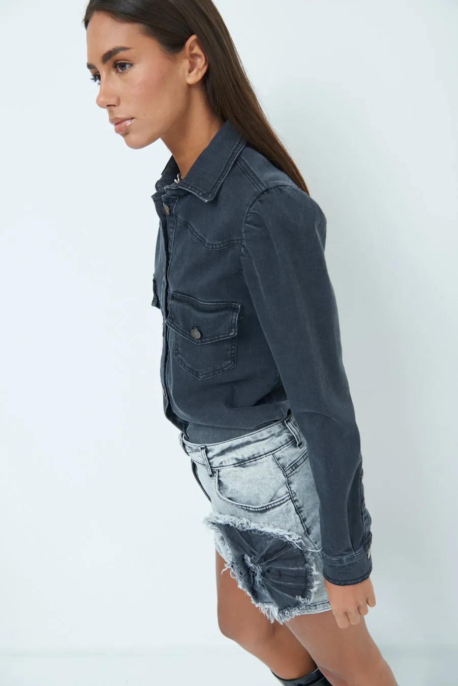 Denim jacket with structured shoulders wholesale