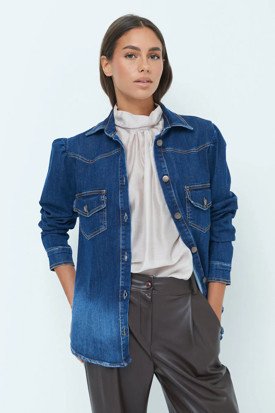 Denim jacket with structured shoulders wholesale