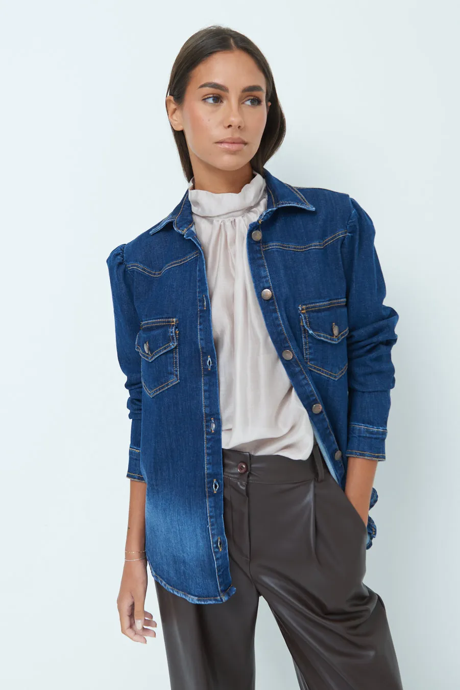 Denim jacket with structured shoulders wholesale