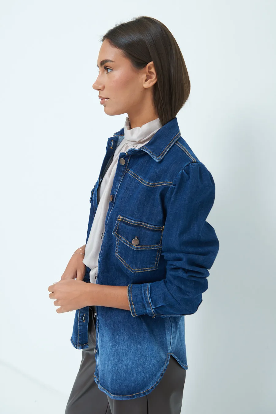 Denim jacket with structured shoulders wholesale