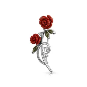 Elegant Brooche Pin Colorful Floral Bouquet with Red Roses and CZ Accents