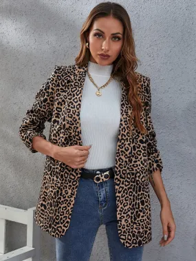 Elegant Leopard Fake Pockets Three Quarter Length Sleeve Shawl Collar Long Women Blazer