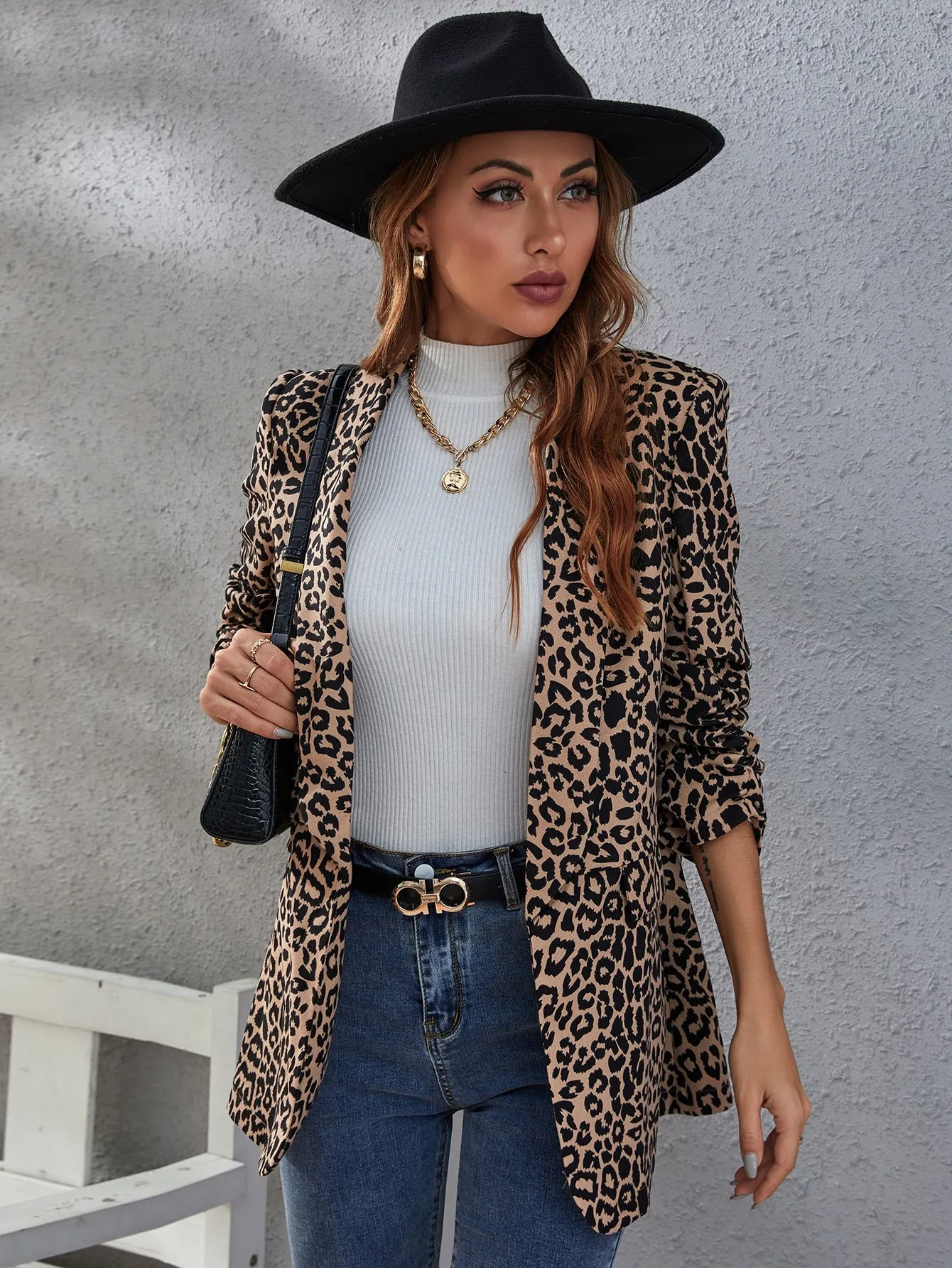 Elegant Leopard Fake Pockets Three Quarter Length Sleeve Shawl Collar Long Women Blazer