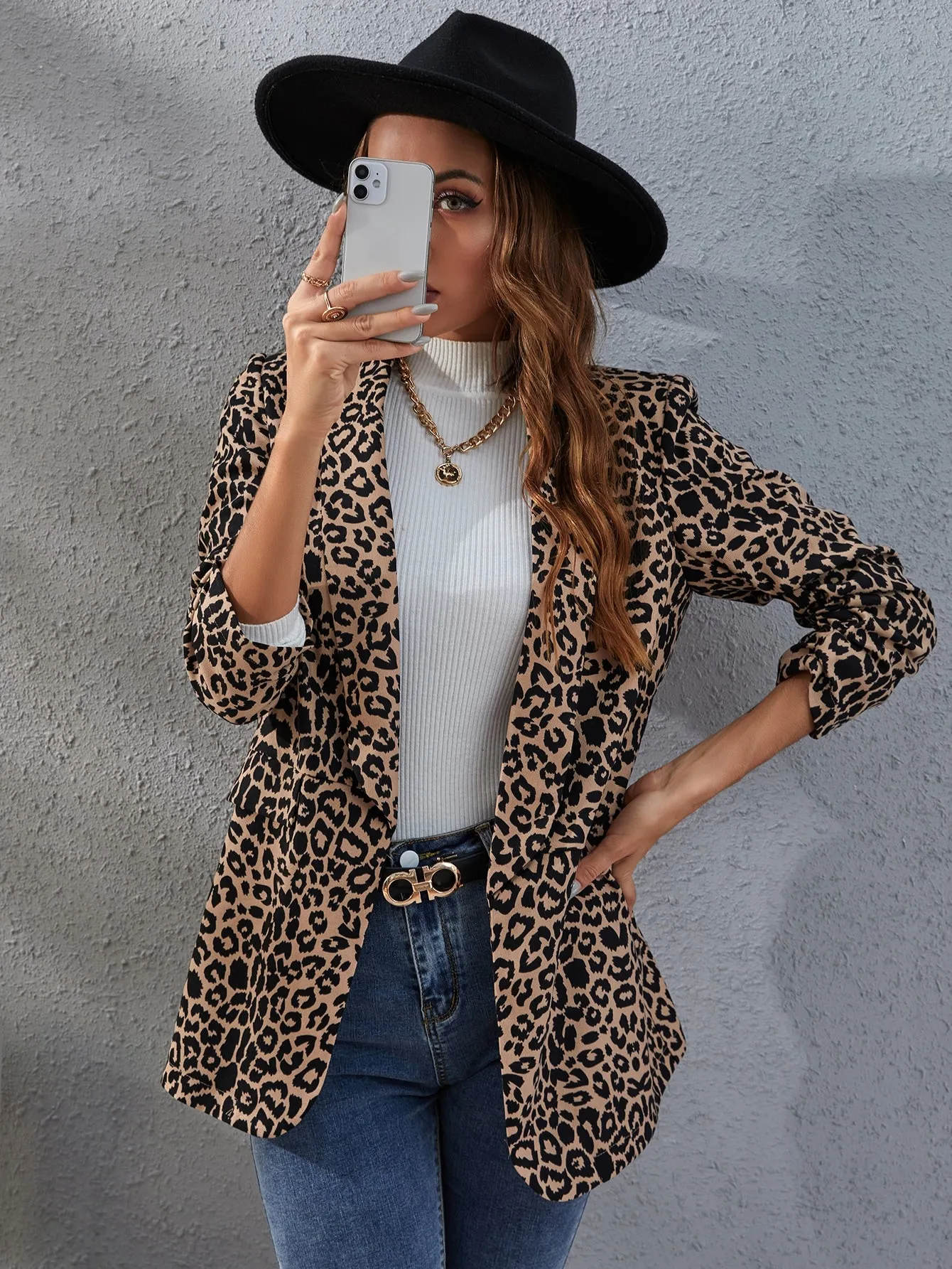 Elegant Leopard Fake Pockets Three Quarter Length Sleeve Shawl Collar Long Women Blazer