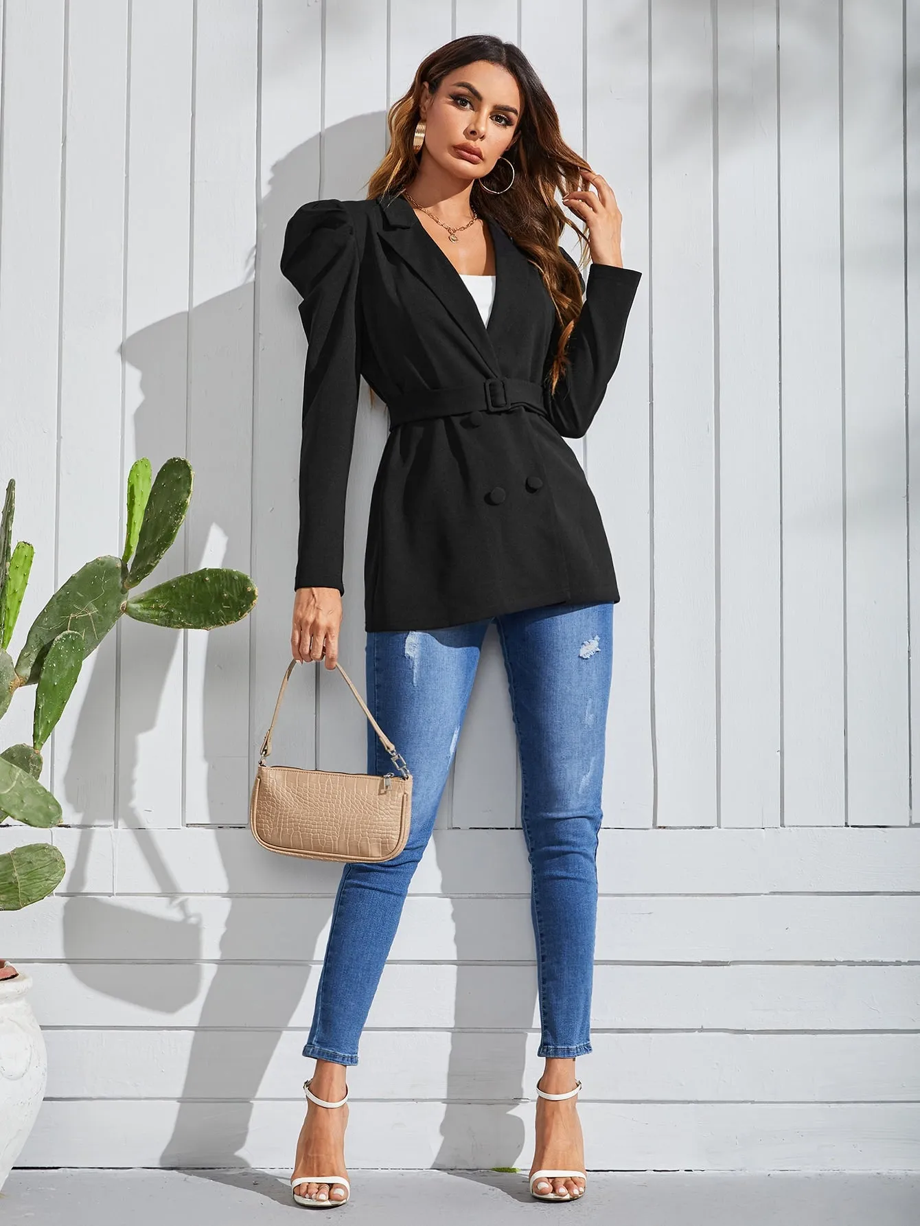 Elegant Plain Double Button Long Sleeve Lapel Long Women Blazer