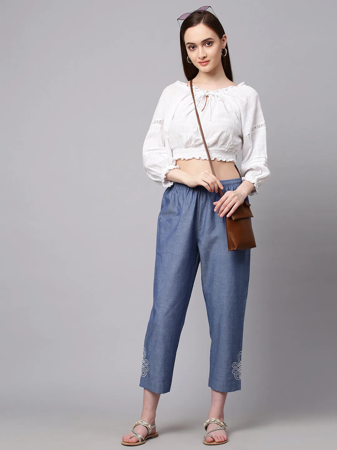 Embroidered Peg Leg Denim Trouser