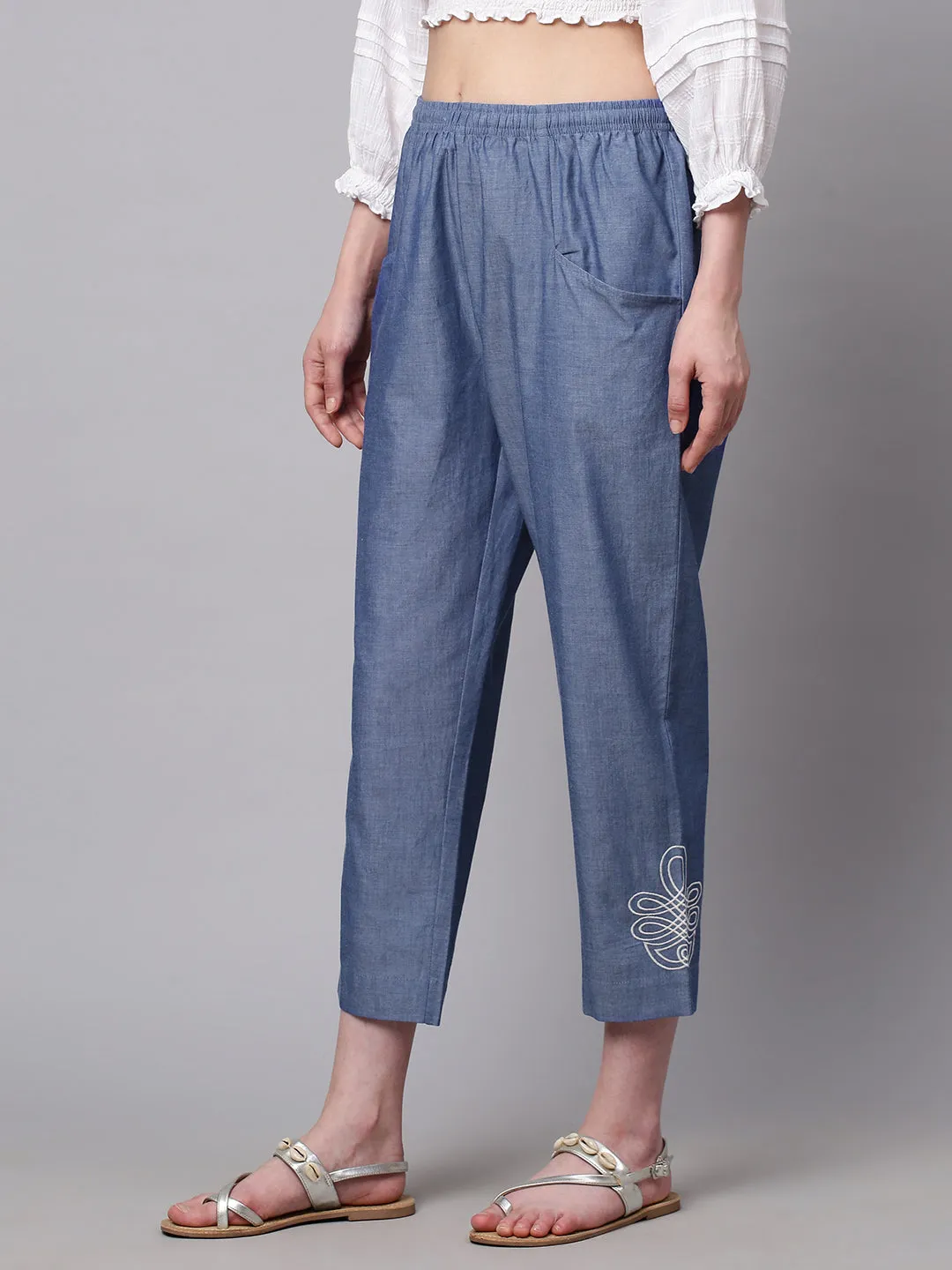 Embroidered Peg Leg Denim Trouser