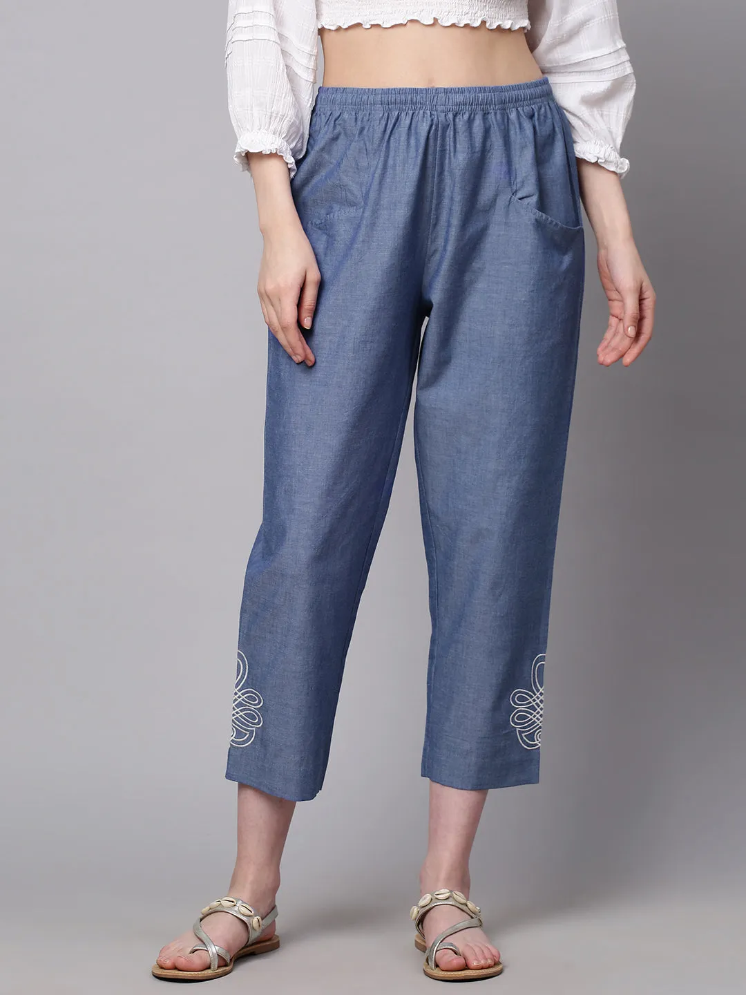 Embroidered Peg Leg Denim Trouser