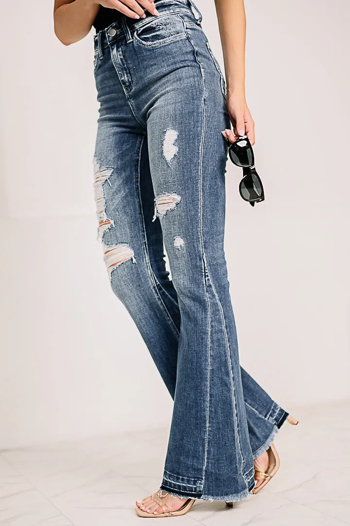 Farewell Distressed Panel Flare Jeans