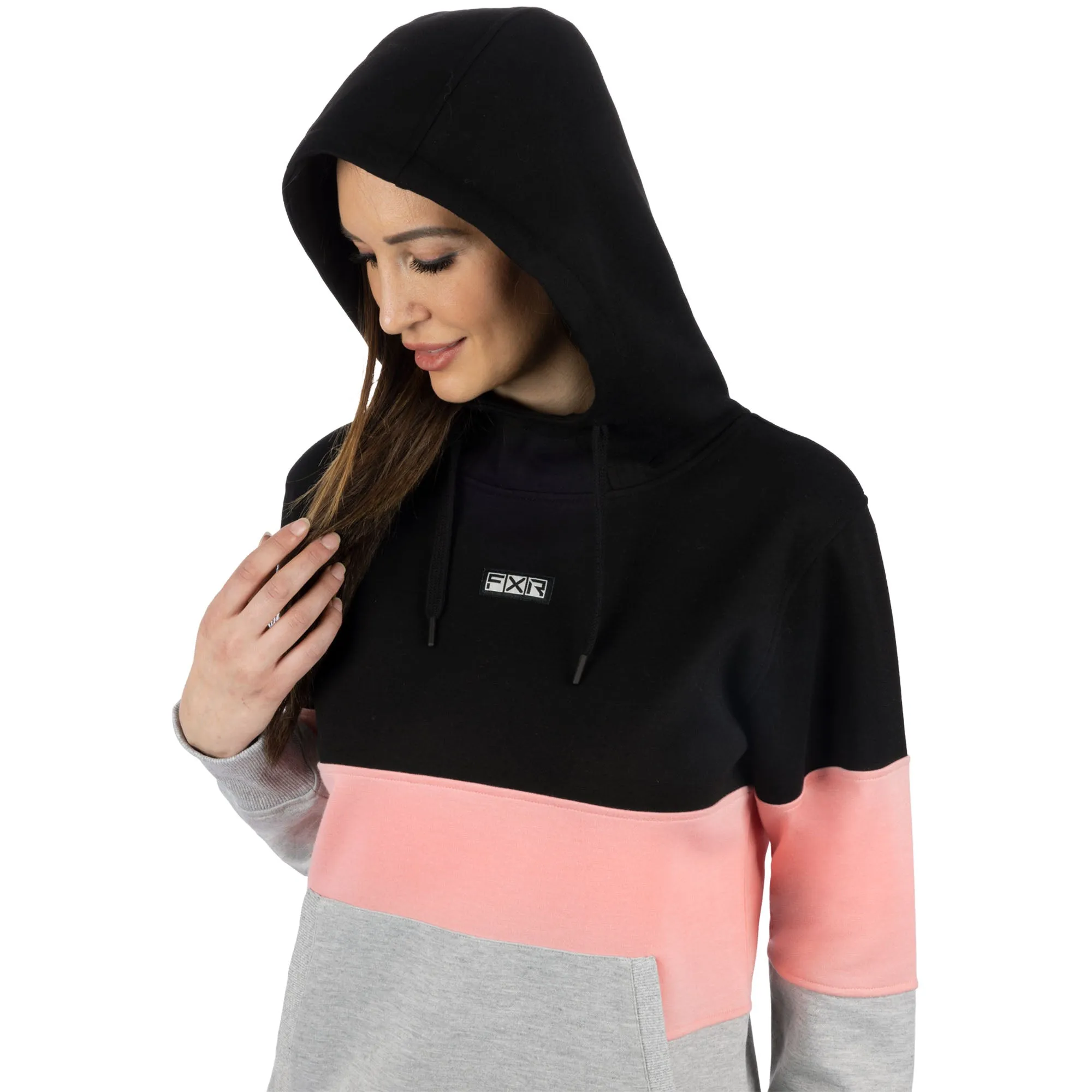 FXR  Womens Stripe Pullover Hoodie Heavyweight Phone Pocket Black Muted Melon