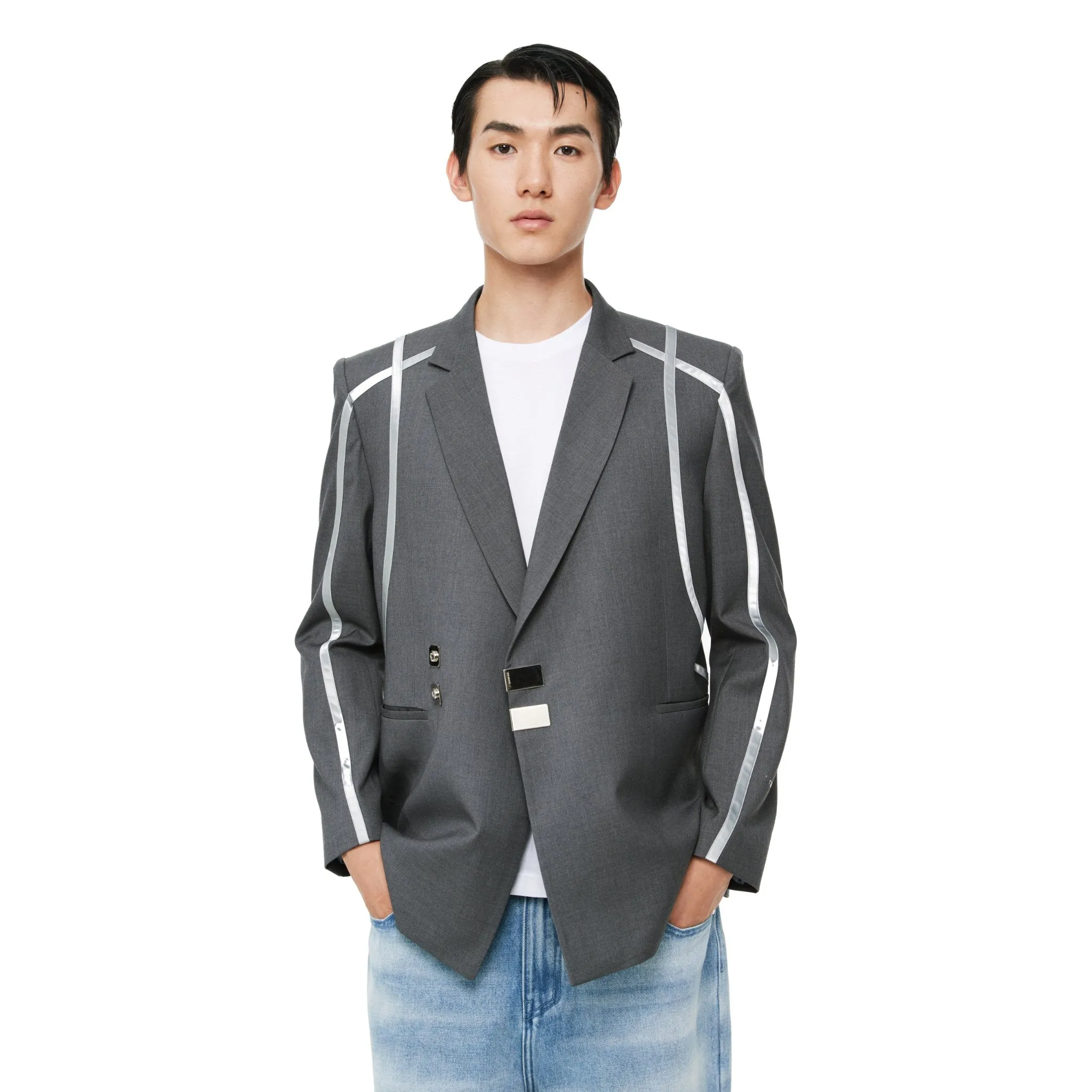 Grey Structured Line Spliced Double-Breasted Suit