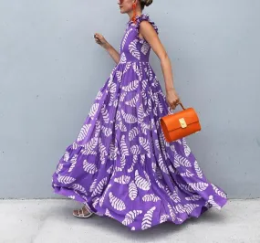 In Fashion Purple Leaf Prints Maxi Dress