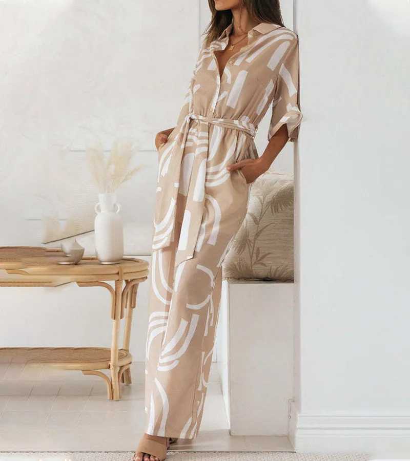 Leaves Printed Lapel, Five-quarter Sleeves and Belted Long Jumpsuit