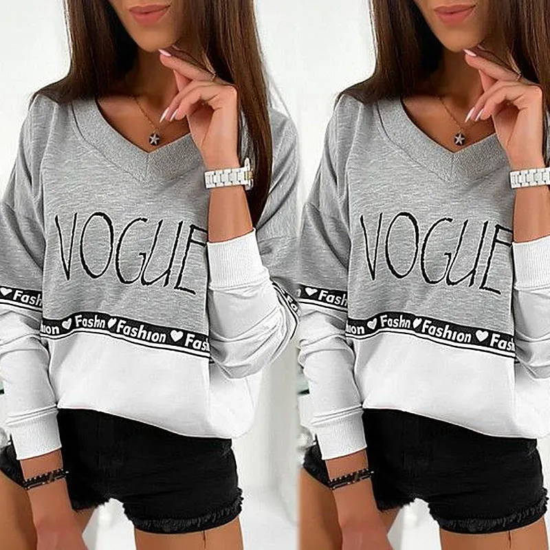 Letter Print V-Neck Long-Sleeved Stitching Loose Sweater