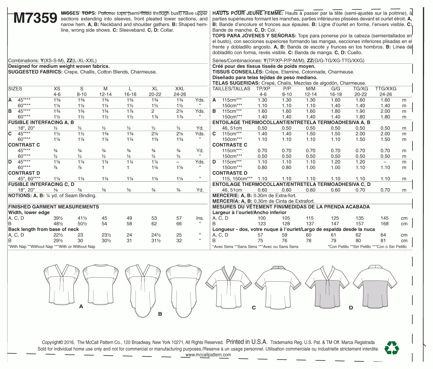 McCall's Pattern M7359 Misses' V-Neck Dolman Sleeve Tops