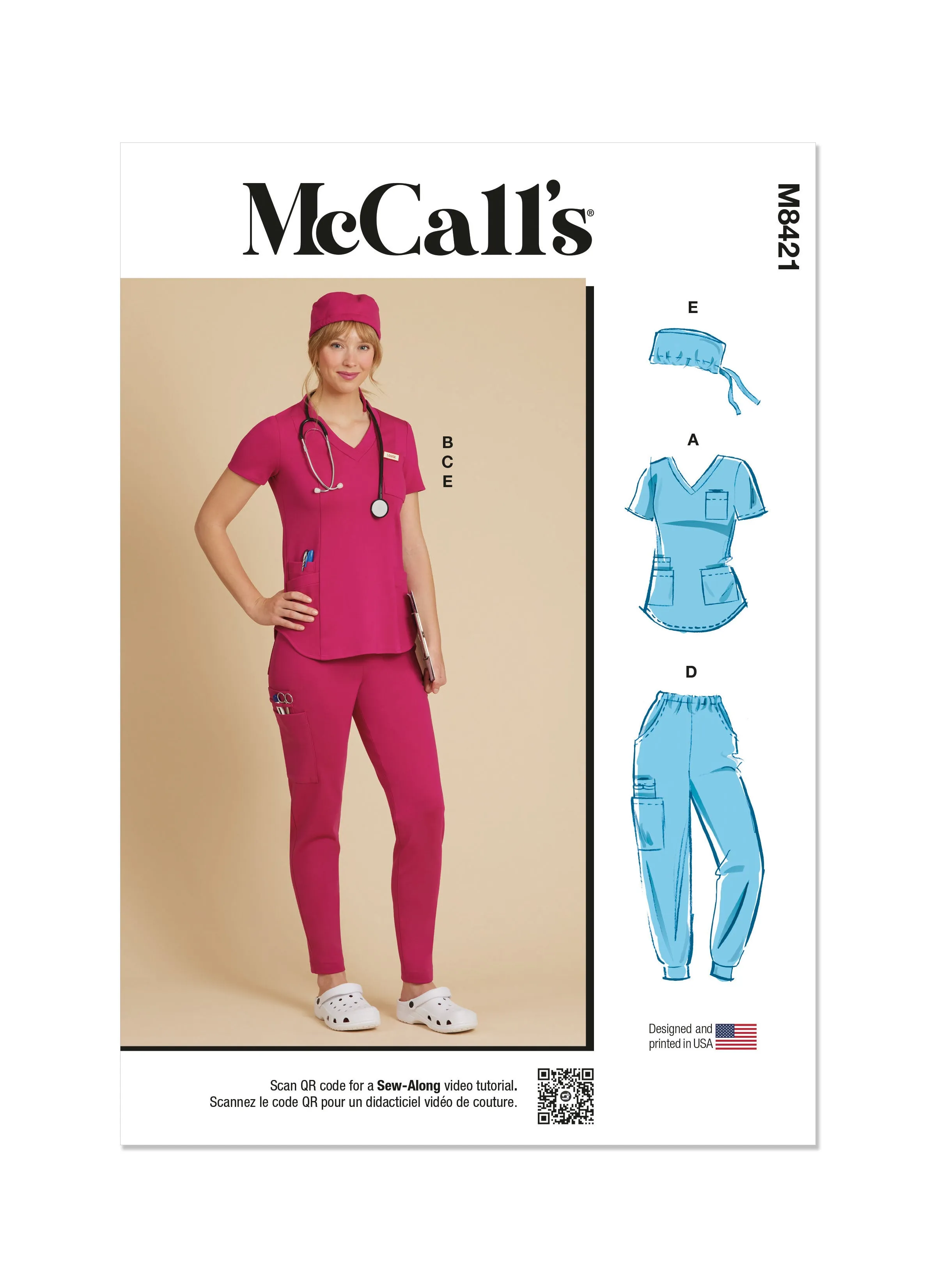 McCall's sewing pattern 8421 Knit Scrub Tops, Pants, Jogger and Cap