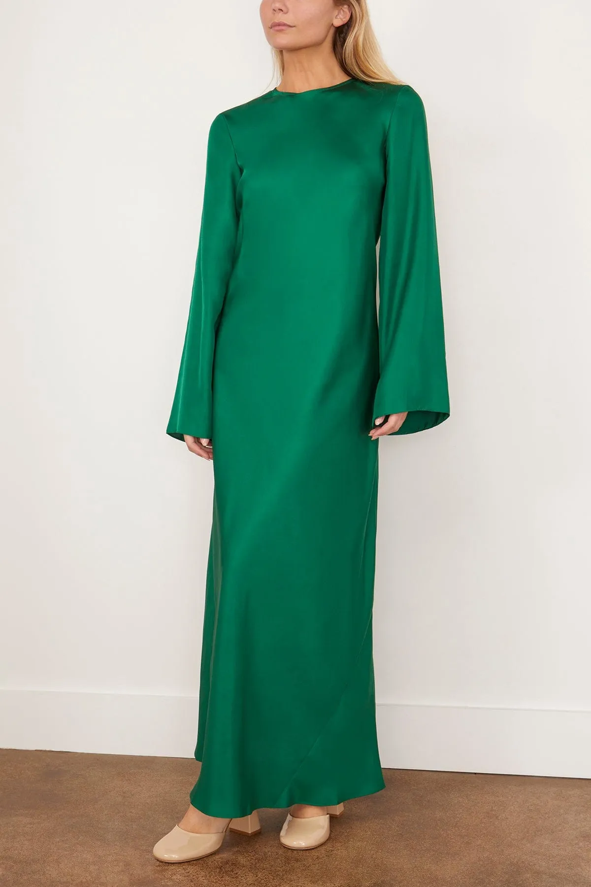 Minimal Wide Sleeved Silk Dress in Emerald