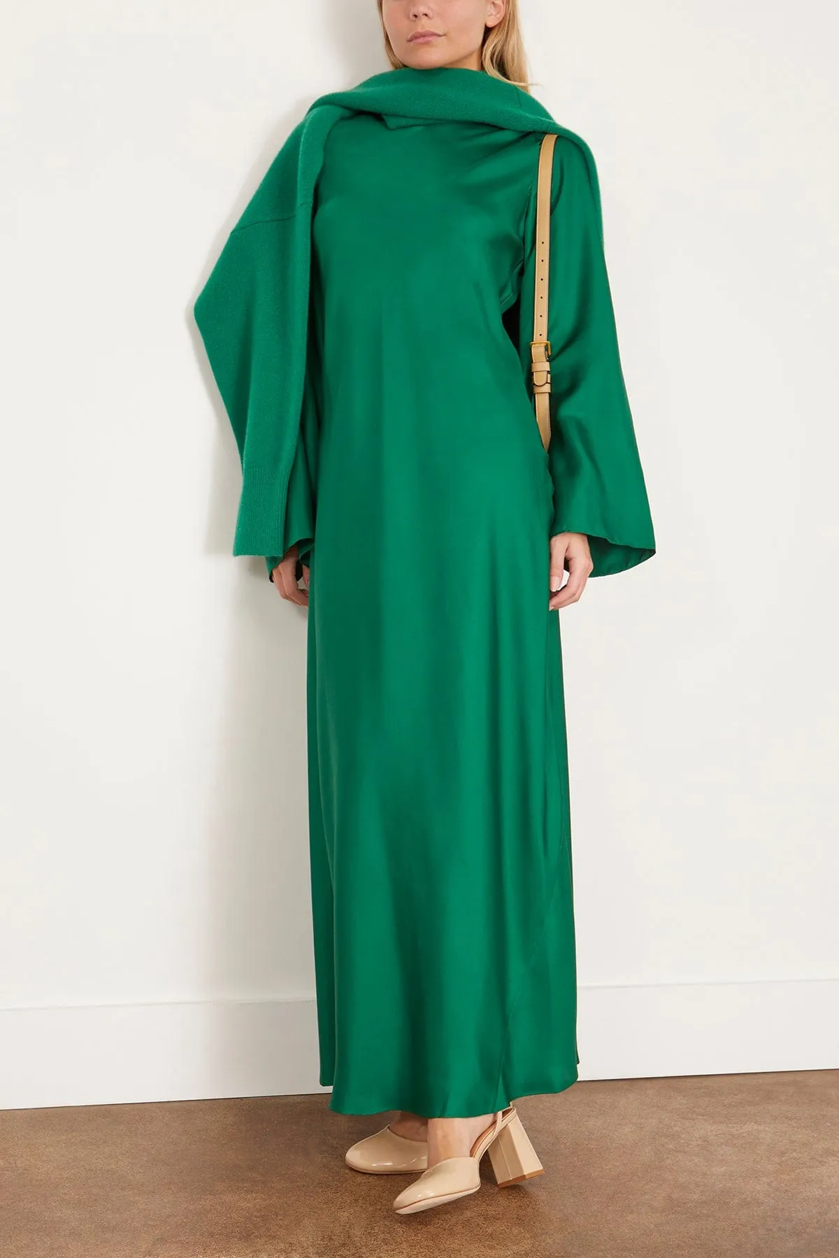 Minimal Wide Sleeved Silk Dress in Emerald